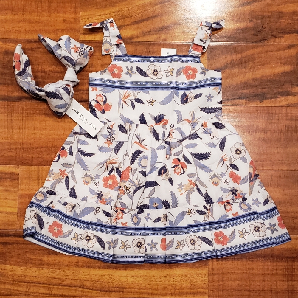 Janie and Jack NWT 2T white/blue/coral floral dress & bow headband